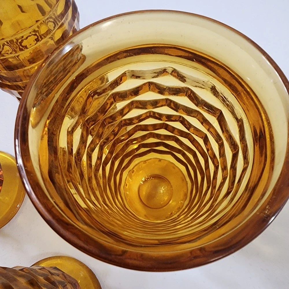 Vintage Whitehall Colony Cubist Indiana Glass Amber Footed Tumbler 6